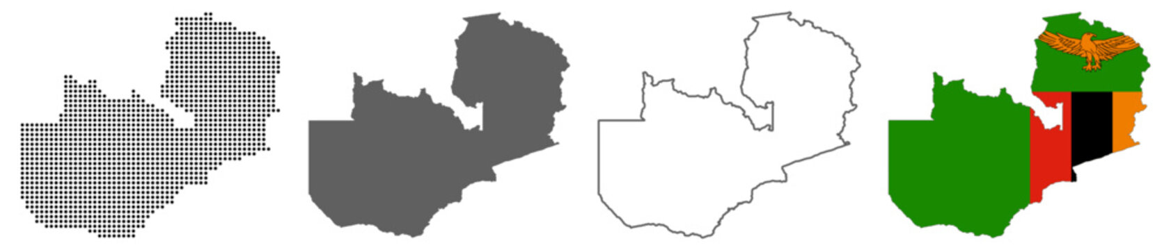 Zambia country map vector set with dotted pattern solid silhouette outline and national flag illustration