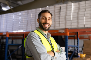 Portrait of smiling professional male worker stands in industrial warehouse or logistics facility...