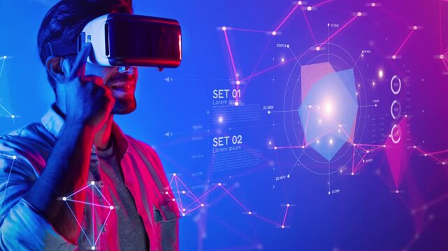 A young man engages with virtual reality, exploring a digital world filled with vibrant colors and geometric shapes, showcasing the future of technology and entertainment. Raster