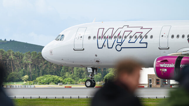 Sola, Norway - June 16 2024: Wizz Air commercial airplane taxiing on airport runway.