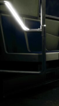 The subway train has empty seats in dim light. It shows the interior of the train during a late night ride with no passengers visible. The atmosphere reflects solitude and stillness.