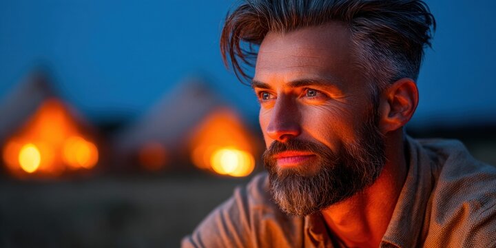 Mature man with beard looking thoughtfully into the distance near campfires at dusk
