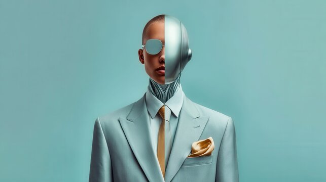 Humanoid robot with half mechanical face and half human face wearing a suit