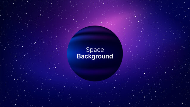 Dark blue planet floating in deep space background. Starry night sky with glowing nebula. Cosmic galaxy exploration concept. Abstract wallpaper design for digital science project art.
