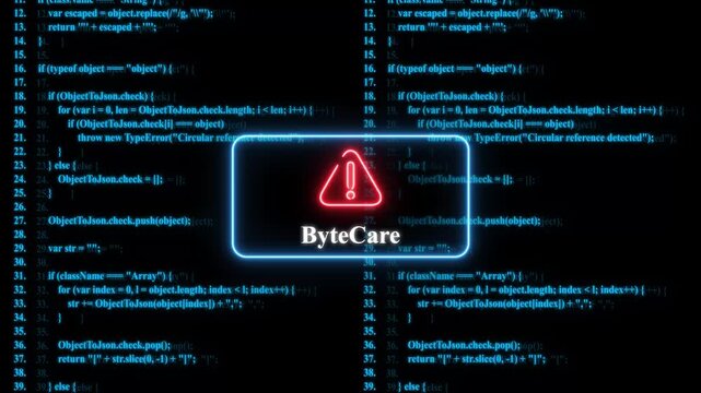 Cyber security warning concept with byte care and scrolling programming code background, for tech presentations