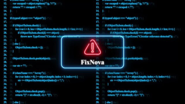 Cybersecurity warning alert with neon error over scrolling software source code background, for tech presentations