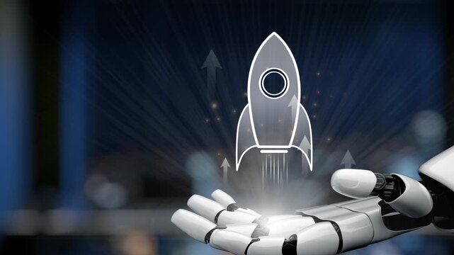 A futuristic robot hand holds a sleek rocket graphic, representing innovation, technology, and growth, set against a blurred digital background that enhances creativity. Synapse