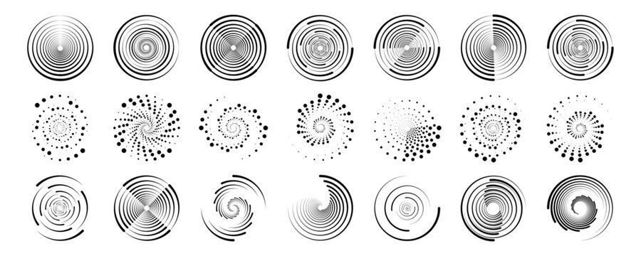 Abstract PNG radial circle design with halftone dots and layered spiral waves. Vector background for UI design, branding kits, and creative media use.