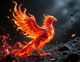 Fototapeta premium Phoenix Rising, Fiery Phoenix Rising from Ashes in Dramatic Backdrop