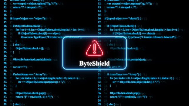 Cyber security warning alert with byte shield and glowing blue programming code background, for tech concepts