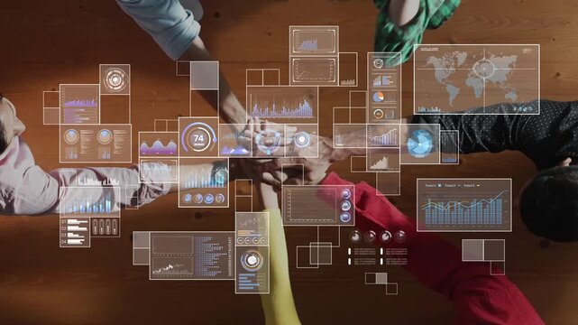 Engaging group of professionals collaborating around a wooden table, utilizing advanced digital dashboards to visualize data and facilitate meaningful discussions during a strategy session. Raster