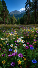 Fototapeta premium Wildflower meadow in forest mountain valley landscape