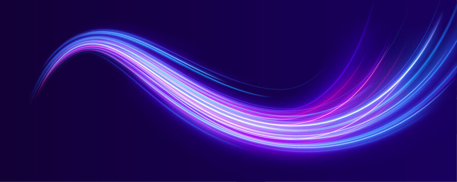 Pink and purple neon streaks fly across dark road space. Energy waves create fast motion illusion. Abstract city drive.