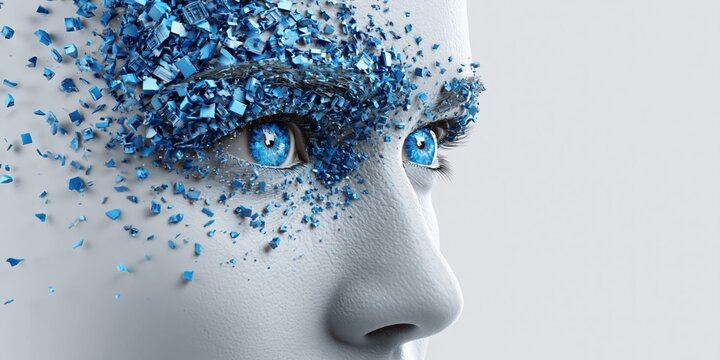 Close-up of a futuristic AI face with blue digital fragments exploding from the eye area