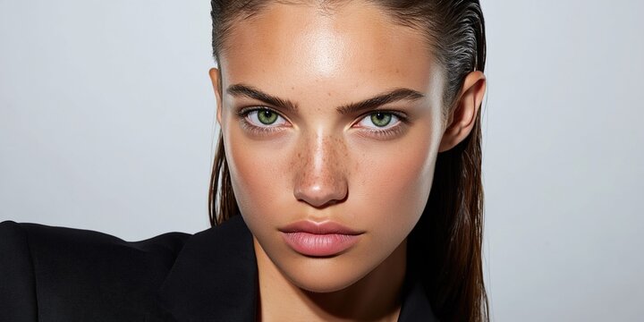 Striking supermodel with vibrant green eyes and natural freckles, looking directly at the camera