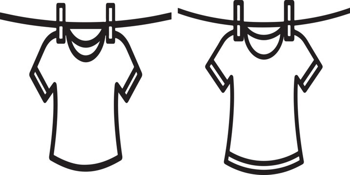 A black line drawing of a short sleeved tshirt hanging on a clothesline with two clothespins isolated on white background
