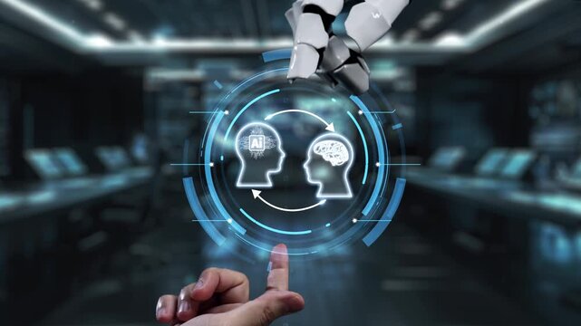 This stock video showcases the interaction between artificial intelligence and human intellect in a futuristic city environment, highlighting technological advancement. Auvana