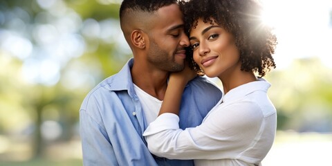 Fototapeta premium Young Black couple embracing tenderly in a sun-drenched park, sharing a moment of love
