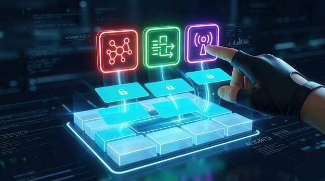 A hand interacting with three colored icons representingNetwork aligns cyan rectangular interface cards over ice blue UI blocks forming centered composition under luminous edges