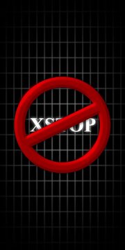 3 d red prohibition sign with glowing text overlay on dark digital grid background, for warning and, security concepts