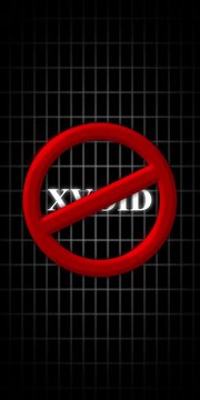 Prohibited access warning sign with glowing xvid text on dark grid background, for digital security, and filtering