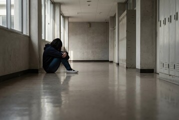 Fototapeta premium Lonely student sitting on floor of empty school corridor. Wide shot of depressed teenager in hallway. Concept of social isolation and mental health