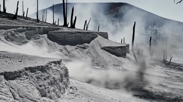 Wind carved ash drifts and smoking cutbanks across a stripped burn scar, highlighting extreme wildfire aftermath, altered terrain, and the destructive force of climate stressed forest ecosystems