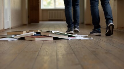Obraz premium Dropped books and scattered papers on wooden hallway floor. Legs of students walking away in blurred background. Aftermath of school bullying or accident