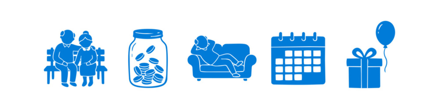 Blue flat icon set for retirement and senior lifestyle featuring an elderly couple, money savings jar, relaxing man on a sofa, calendar, and a celebration gift box with a balloon.