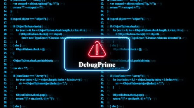 Debug prime software error alert: neon warning sign over scrolling blue computer programming code background