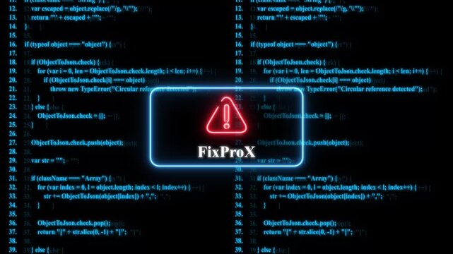 Cyber security warning alert with neon warning sign and programming code background, for software error notification