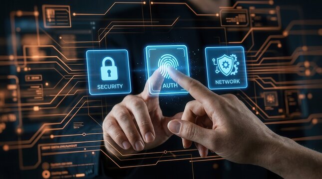A hand interacting with three colored icons representingSecurity spans blue floating square panels over soft orange layout lines forming layout lines under depth blur
