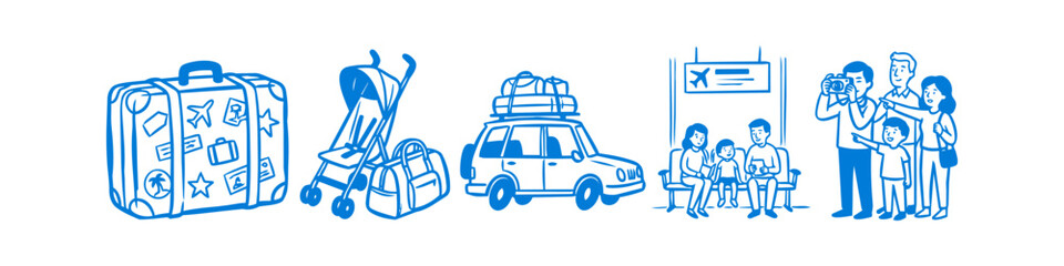 Blue line art doodles of family travel icons including a suitcase, stroller, car with luggage, and people at an airport. Perfect for tourism and holiday planning concepts. © Nort Kor