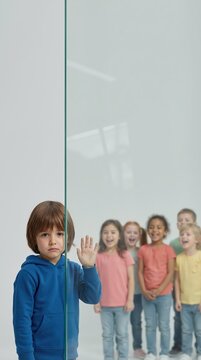 Vertical portrait of sad boy behind glass partition. Lonely child excluded from group of laughing children. Social isolation and emotional barrier concept