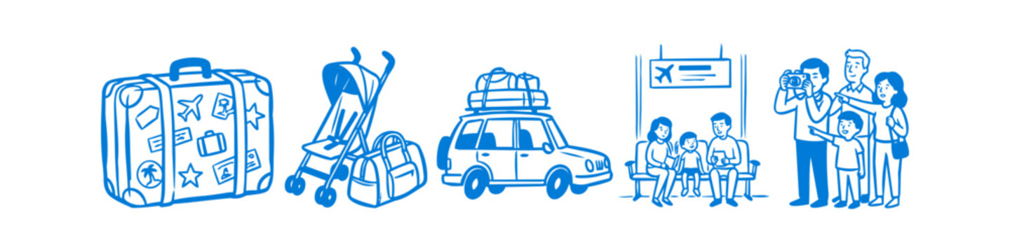 Blue line art doodles of family travel icons including a suitcase, stroller, car with luggage, and people at an airport. Perfect for tourism and holiday planning concepts.