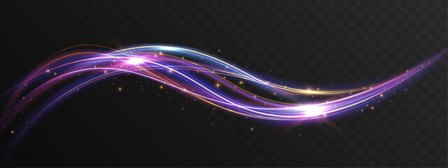 Light Colorful Energy Wave Motion Trails Flowing Glow Lines Abstract Dynamic Speed Effect with Spark Particles Isolated on Transparent Background.  © NAUM