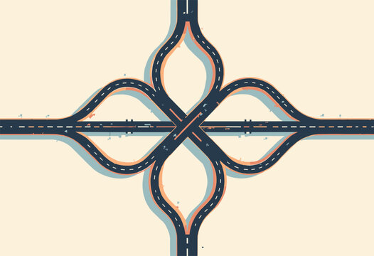 stylized illustration intricate highway interchange cloverleaf pattern seen from high aerial view Symmetrical, flowing black lines clean offwhite background No text