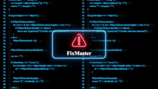 Fixmaster software error alert: neon warning sign over scrolling blue computer programming code background
