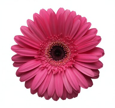 A vibrant pink gerbera daisy flower with a dark center on a white background pink flower floral bloom