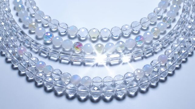 Close up of sparkling clear crystal beaded necklaces on display
