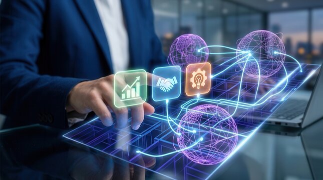 A hand interacting with three colored icons representingBusiness renders purple wireframe globe shapes over ice blue connection paths forming structural grid under luminous edges