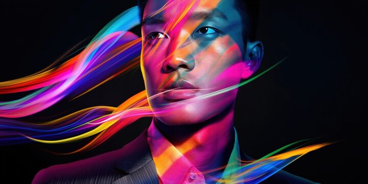 Vibrant abstract light streaks illuminate a thoughtful Asian businessman's face