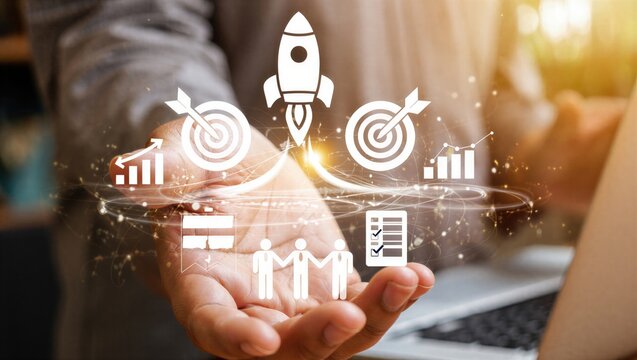 Business professional hand with digital CRM interface object performing client data management action through marketing technology in corporate environment.