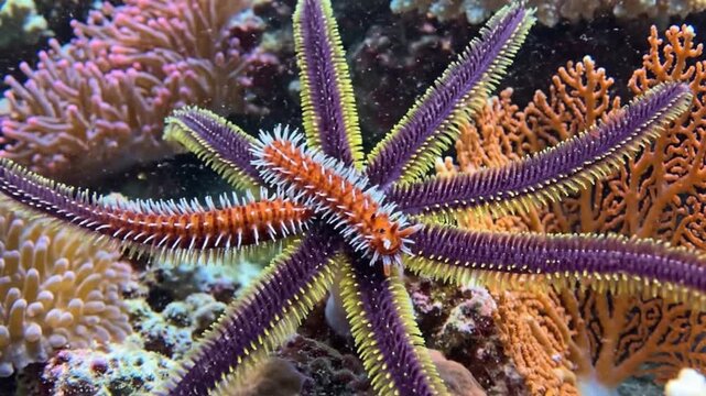 Colorful Bearded Fireworm on Coral Reef Close Up Marine Life. 4K Video