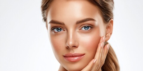 Fototapeta premium Beautiful woman with flawless skin gently touching her face with her hand