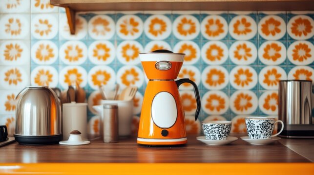 Retro orange coffee maker on kitchen counter with colorful tiles