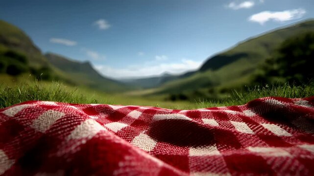 Spring Summer outdoor leisure relaxation activity. A vivid outdoor scene features a red and white checkered picnic blanket lying on a lush green meadow. The blankets texture is visible.