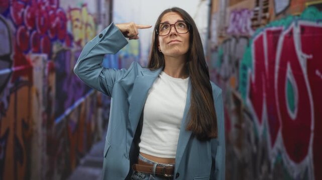 Woman with glasses points finger to temple in street alley with colorful graffiti walls; thoughtful curiosity.