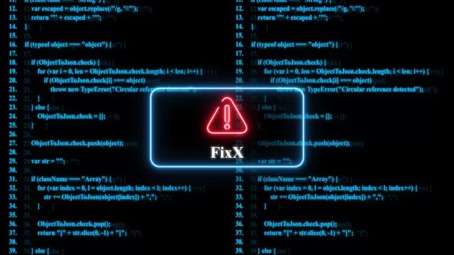 Digital error warning sign with glowing neon fix x over scrolling software source code background programming
