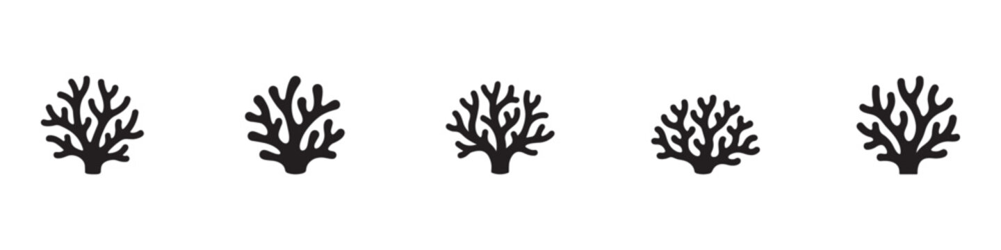 Coral reef silhouettes icons. Set of coral reef silhouettes icons isolated on white background. Flat vector illustration of underwater sea plants. Vector Illustration